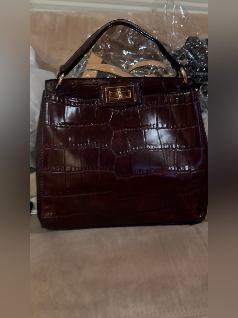 Croco-Embossed Top-Handle Bag in Deep Burgundy